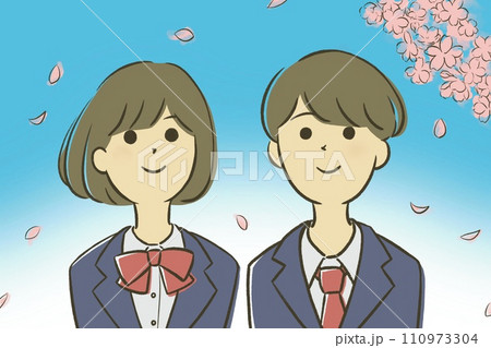 桜の下で青空を見上げる学生の男女 110973304