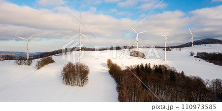 Banner of wind farm or wind park, with high wind turbines for generation electricity with copy space, Banner of wind farm or wind park, with high wind turbines for generation electricity with copy space, 110973585