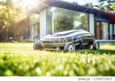 Automatic robotic lawn mower on green lawn with modern house in background at sunny day. AI content Automatic robotic lawn mower on green lawn with modern house in background at sunny day. AI content 110973925