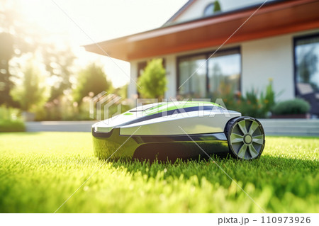 Automatic robotic lawn mower on a green lawn with modern house in background. AI content 110973926
