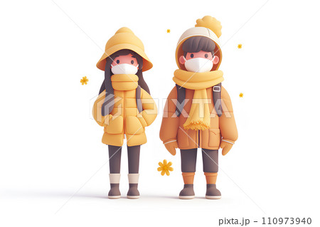 花粉症状で悩むマスクを着用した可愛い男女（3D) 110973940