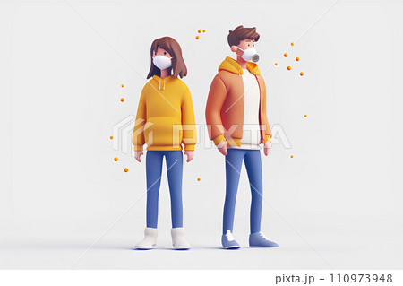 花粉症状で悩むマスクを着用した男女-1(3D) 花粉症状で悩むマスクを着用した男女-1(3D) 110973948