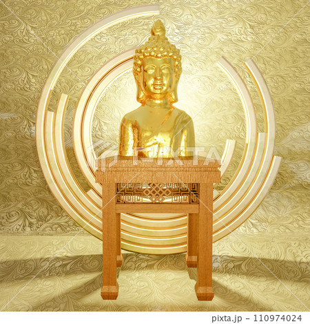 Golden Buddha statue on wooden stand. 3d render 110974024