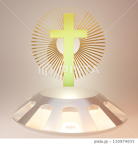 Holy cross near luminous stand with decorative elements against brown backdrop 110974035