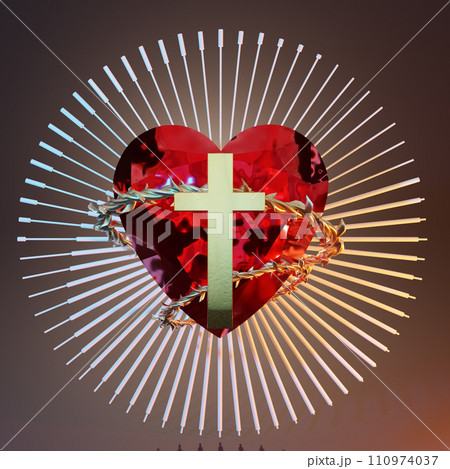 Sacred heart and holy cross with silver lines illustration on brown backdrop Sacred heart and holy cross with silver lines illustration on brown backdrop 110974037