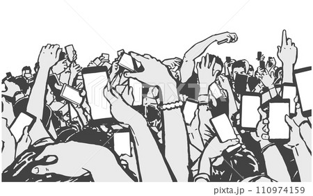 Illustration of fans recording, streaming with phones in black and white Illustration of fans recording, streaming with phones in black and white 110974159