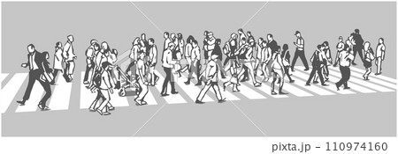 Line art illustration of busy street crossing in black and white 110974160