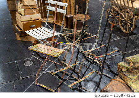 Assortment of Vintage Chairs and Wooden Boxes Assortment of Vintage Chairs and Wooden Boxes 110974213