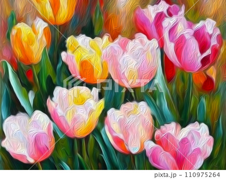 Oil painted flowers. Beautiful delicate feminine multi-colored spring or summer flowers close-up, generated by AI. Bouquet of flowers. Postcard, congratulations to a woman. Tulips embossing effect Oil painted flowers. Beautiful delicate feminine multi-colored spring or summer flowers close-up, generated by AI. Bouquet of flowers. Postcard, congratulations to a woman. Tulips embossing effect 110975264