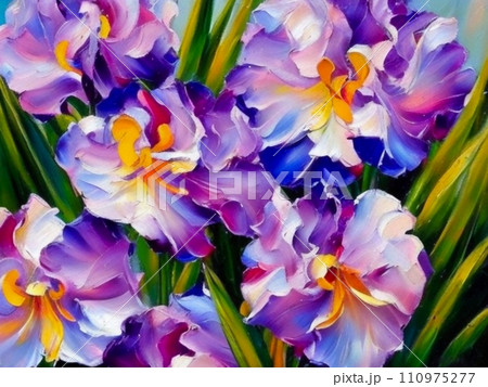 Oil flowers. Beautiful delicate feminine multi-colored spring or summer flowers close-up generated by AI. Bouquet of flowers. Flowers in a flowerbed. Postcard, congratulations to a woman. Iris flower Oil flowers. Beautiful delicate feminine multi-colored spring or summer flowers close-up generated by AI. Bouquet of flowers. Flowers in a flowerbed. Postcard, congratulations to a woman. Iris flower 110975277