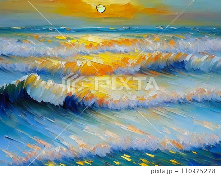 Sunset or evening dawn is the end of the day, the sun setting behind the horizon, as well as the special colorful illumination of the sky at sunset. Sea or ocean. Sea waves with foam. Generated by AI Sunset or evening dawn is the end of the day, the sun setting behind the horizon, as well as the special colorful illumination of the sky at sunset. Sea or ocean. Sea waves with foam. Generated by AI 110975278