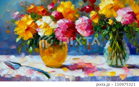 Oil flowers. Beautiful delicate feminine multi-colored spring or summer flowers close-up, generated by AI. Bouquet of flowers. Flowers in a flowerbed. Postcard, congratulations to a woman 110975321