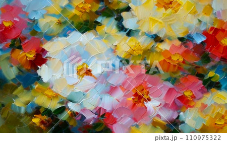 Oil flowers. Beautiful delicate feminine multi-colored spring or summer flowers close-up, generated by AI. Bouquet of flowers. Flowers in a flowerbed. Postcard, congratulations to a woman 110975322