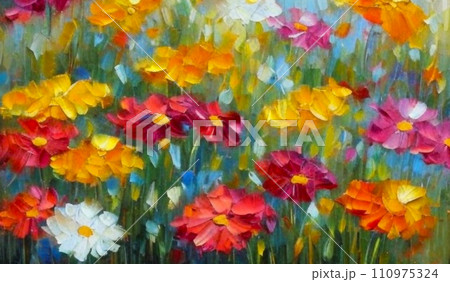 Oil flowers. Beautiful delicate feminine multi-colored spring or summer flowers close-up, generated by AI. Bouquet of flowers. Flowers in a flowerbed. Postcard, congratulations to a woman 110975324