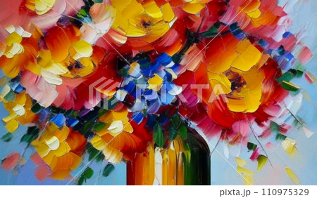 Oil flowers. Beautiful delicate feminine multi-colored spring or summer flowers close-up, generated by AI. Bouquet of flowers. Flowers in a flowerbed. Postcard, congratulations to a woman 110975329