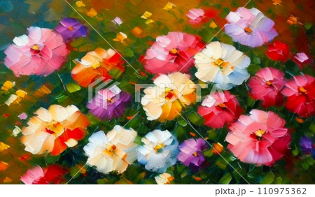 Oil flowers. Beautiful delicate feminine multi-colored spring or summer flowers close-up, generated by AI. Bouquet of flowers. Flowers in a flowerbed. Postcard, congratulations to a woman 110975362