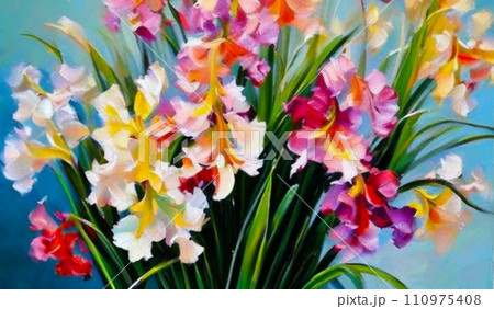 Oil flowers. Beautiful delicate feminine multi-colored spring or summer flowers close-up, generated by AI. Bouquet of flowers. Flowers in a flowerbed. Postcard, congratulations to a woman. Gladiolus 110975408
