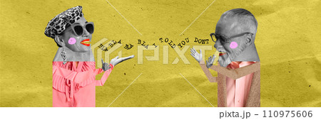 Misunderstanding among couple. Senior woman talking to her husband, man talking to woman. Contemporary art collage. 110975606