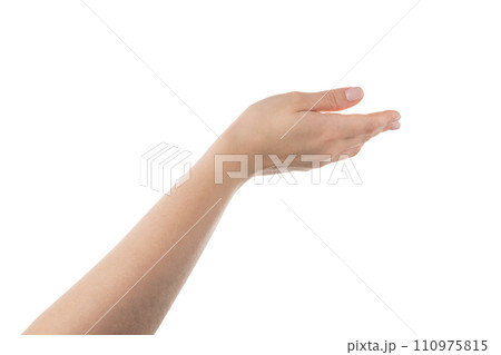 Young woman hand hold something on a pal isolated on white background 110975815