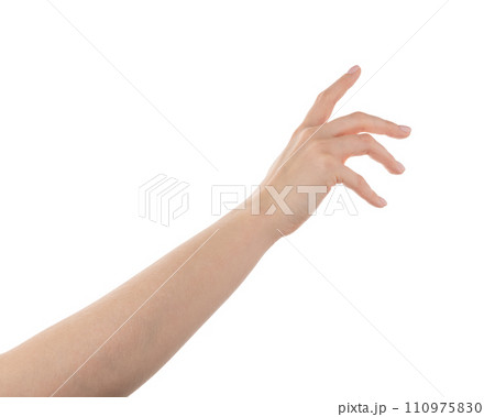 Young woman hand reaching isolated on white background Young woman hand reaching isolated on white background 110975830