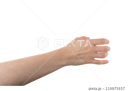 Young woman hand hold something isolated on white background Young woman hand hold something isolated on white background 110975837