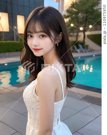 白ドレスを着て微笑むロングヘアの女性「AI生成画像」 110975950