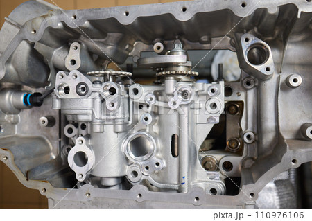 the engine ready to be reassembled on the car the engine ready to be reassembled on the car 110976106