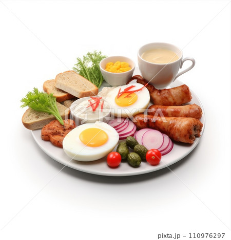 Plate with food isolated on a white background. Eggs bread meat and coffee. Plate with food isolated on a white background. Eggs bread meat and coffee. 110976297
