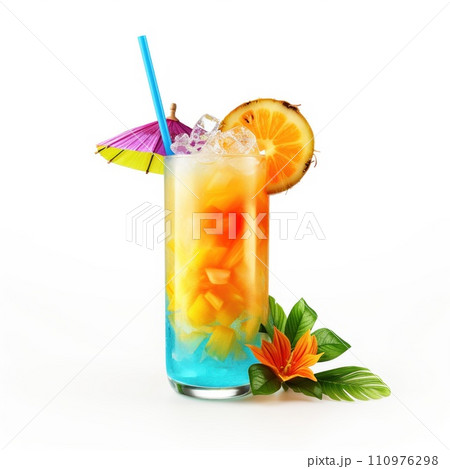 Refreshing lemonade or tropical alcoholic cocktail with lime orange and mint isolated on white background. 110976298