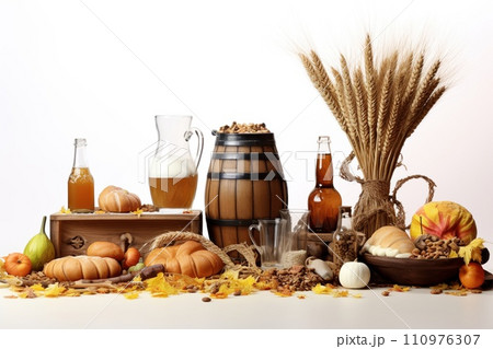 Groceries including vegetables, beer, bakery isolated on white background 110976307