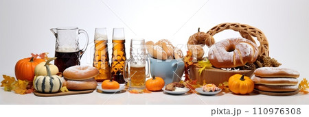 Groceries including vegetables, beer, bakery isolated on white background Groceries including vegetables, beer, bakery isolated on white background 110976308