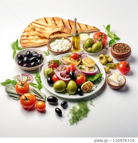 Groceries including vegetables, fruits, bakery isolated on white background 110976310