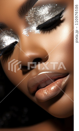 Fashion Portrait closeup of beautiful black woman. Beauty african face with perfect make up. 110976586