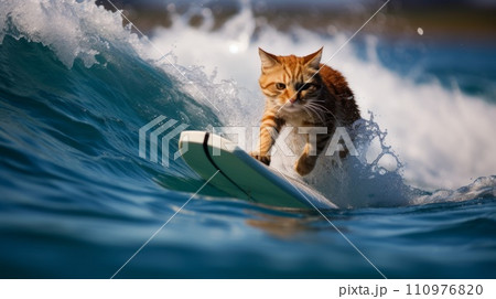 Portrait of a happy cat surfing on a brightのイラスト素材