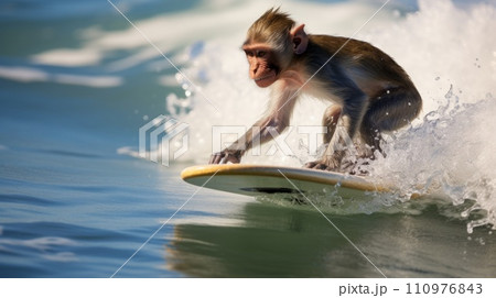 Portrait of a happy monkey surfing on a bright - Stock