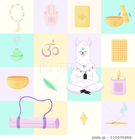 Seamless pattern of yoga lamas, meditations and singing bowls. For your fabric or design 110976866
