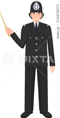 Standing British Policeman Officer with Wooden Pointer Stick in Traditional Uniform Character Icon in Flat Style. Vector Illustration. 110976871