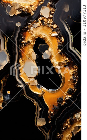 Golden black and white texture. Polished stone wall with an exquisite natural pattern.  110977113
