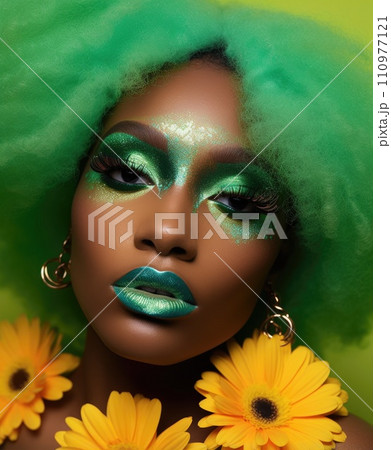 A girl holds a chrysanthemum in her hands on a yellow background. 110977121