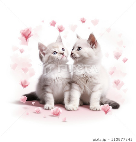 Two cute kittens sitting next to each other isolated on a white background 110977243