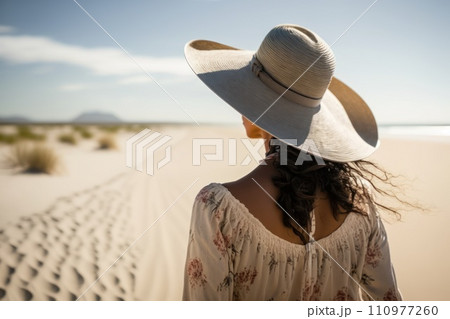 Woman in summer vacation wearing straw hat enjoying the view at the ocean. Back view. Generative Ai 110977260