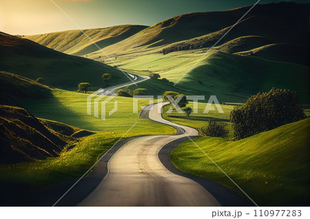 Serpentine Road Among Green Hills. Beautiful landscape. Serpentine Road Among Green Hills. Beautiful landscape. 110977283