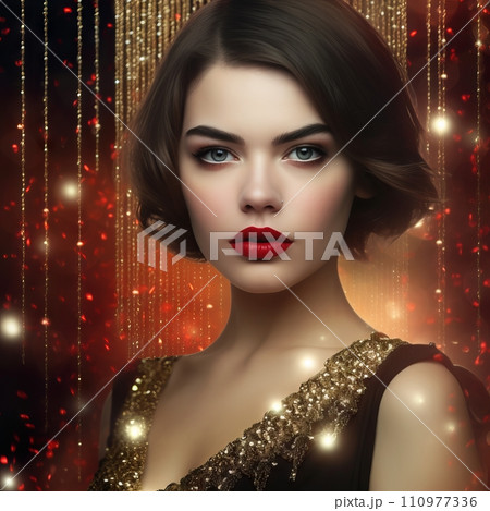 Beautiful young woman with red lips and evening make-up with a red lips in a luxurious evening dress. Beauty, fashion. Portrait of a lovely young lady with evening make-up and short stylish hairstyle Beautiful young woman with red lips and evening make-up with a red lips in a luxurious evening dress. Beauty, fashion. Portrait of a lovely young lady with evening make-up and short stylish hairstyle 110977336