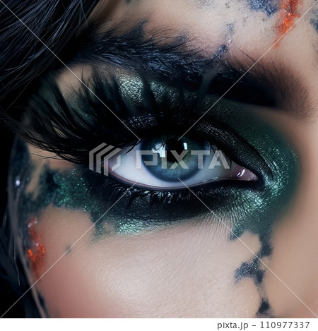 Macro shot of beautiful woman's eye with black make-up. Close-up of female eye with long false eyelashes and dark glossy make-up. Fashion creative make-up. Fashion show. Macro shot of beautiful woman's eye with black make-up. Close-up of female eye with long false eyelashes and dark glossy make-up. Fashion creative make-up. Fashion show. 110977337