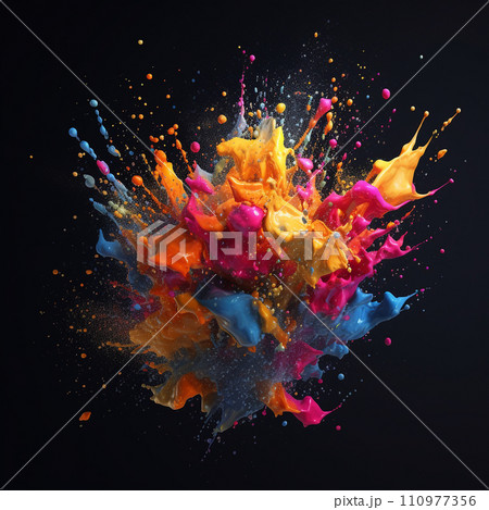 Colorful water splashes on black background.  AI generated illustration of multicolored water splashes . Bright vivid water splashes. 110977356