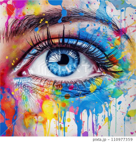 Make-up of watercolor paint flowing down the skin.  Close up of beautiful female eye with abstract colorful make-up. Multicolored creative makeup. Fashion face art, close up. AI generated content. 110977359