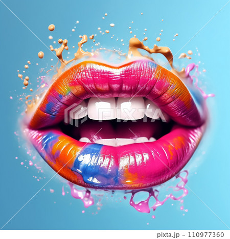 Beautiful female lips with bright makeup and colorful paint splashes around it. Multicolored creative makeup. Fashion face art, close up. Female lips with multicolored lipstick. AI generated content. 110977360