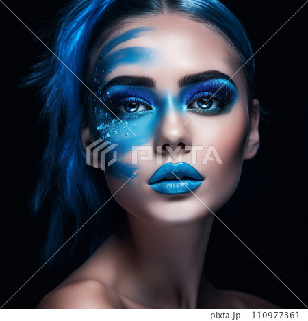 Fashion portrait of a beautiful girl with bright blue makeup  and hair.  Beautiful young woman with creative art makeup. Stunning model with colorful fashion makeup, looking at camera.  Face art 110977361