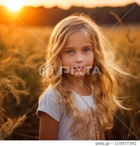 Beautiful little girl in a light dress with long hair on nature while sunset. Portrait of a beautiful small girl in a wheatfield at sunset. Portrait of lovely blonde  little girl in a wheat field 110977362