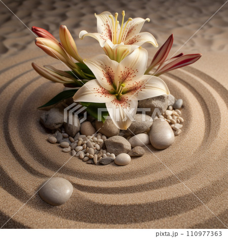 Spa zen composition with  stones and flower on yellow sand, shallow depth focus. Spa stones and lily flower on sand with creative design. Beauty treatments. Health care spa contact. AI generated. 110977363